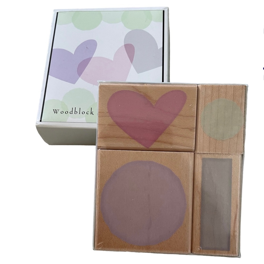 HERO ARTS Heart, Circles, & Rectangle Woodblock Rubber Stamps 4 pc. Set NEW